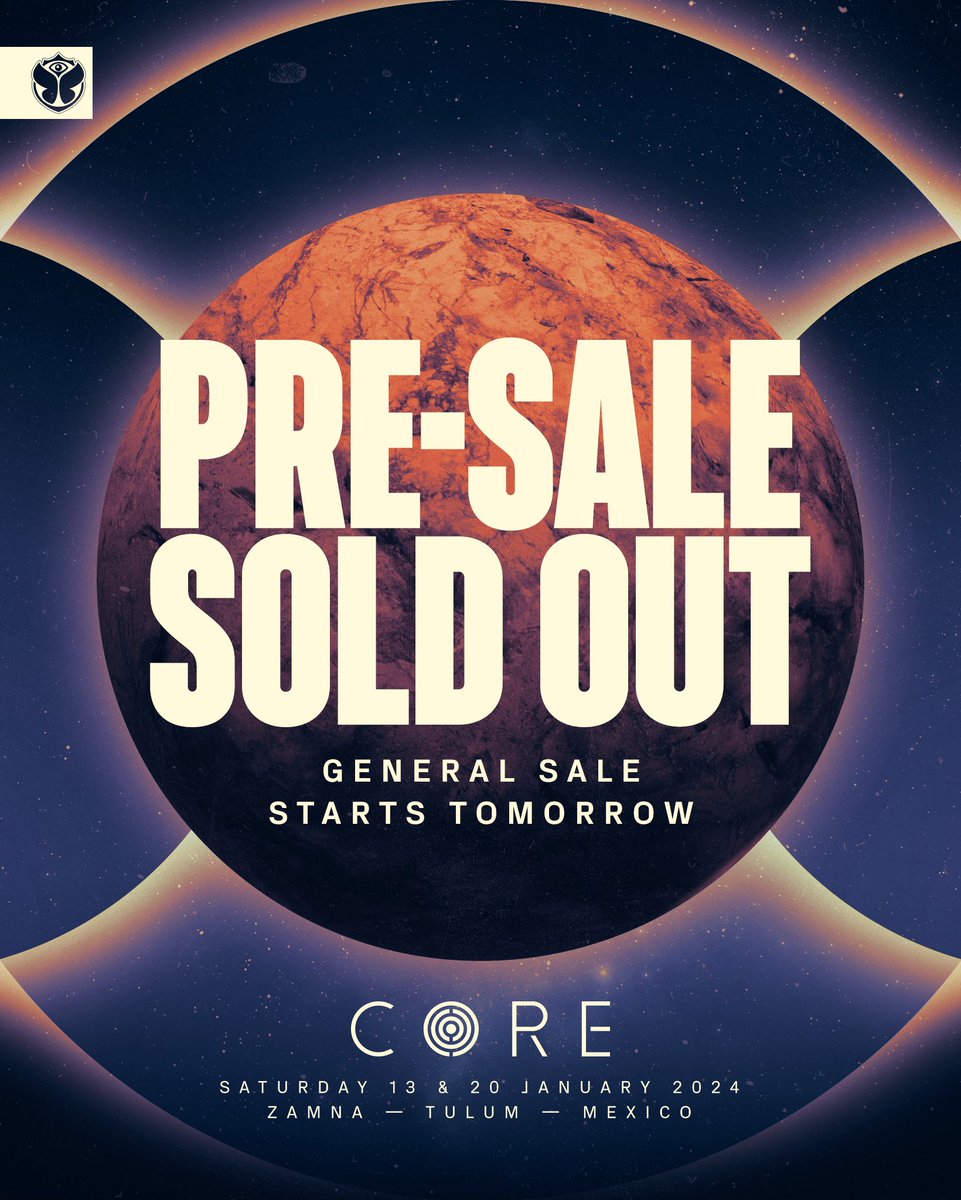 PRE-SALE SOLD OUT! Secure your tickets for Tomorrowland presents: CORE Tulum during the General Ticket Sale on Friday, September 1, 2023, at 10:00 CST | 11:00 EST | 15:00 UTC | 17:00 CEST. All info: core.world/tulum