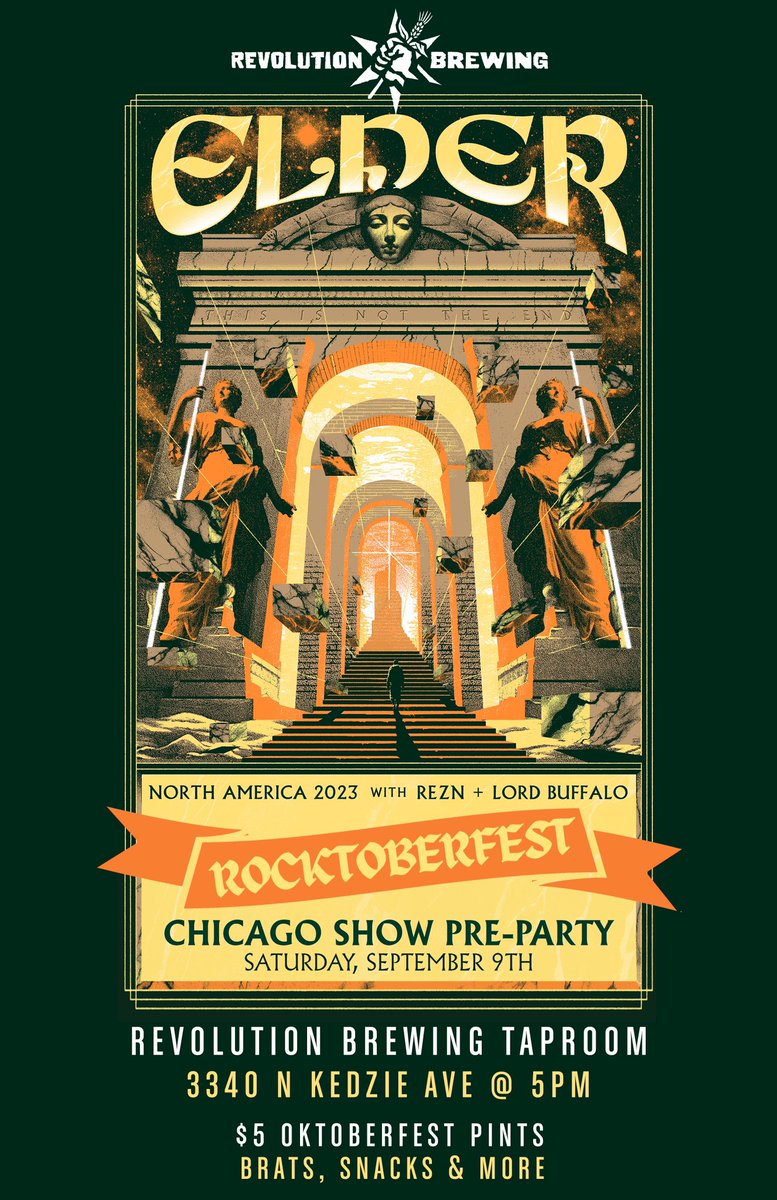 Come party with us Sat, 9/9 at the <a href="/RevBrewChicago/">Revolution Brewing</a> taproom before the <a href="/beholdtheelder/">ELDER</a> and <a href="/reznband/">REZN</a> show at Avondale Music Hall!