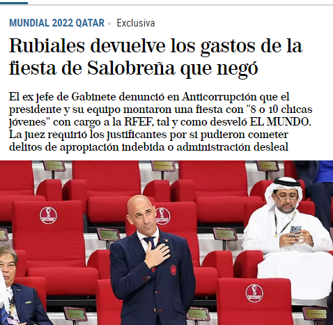RaulGallart80's tweet photo. Noticia de Diciembre de 2022 
Ahí no hubo juicio mediático y se pudo tapar.

¿Por qué no cesaron a Rubiales de su cargo?

Porque su familia socialista, entre ellos su padre (ex alcalde del PSOE e investigado por los ERE), valen más por lo que callan. https://t.co/y9xNNGJErf