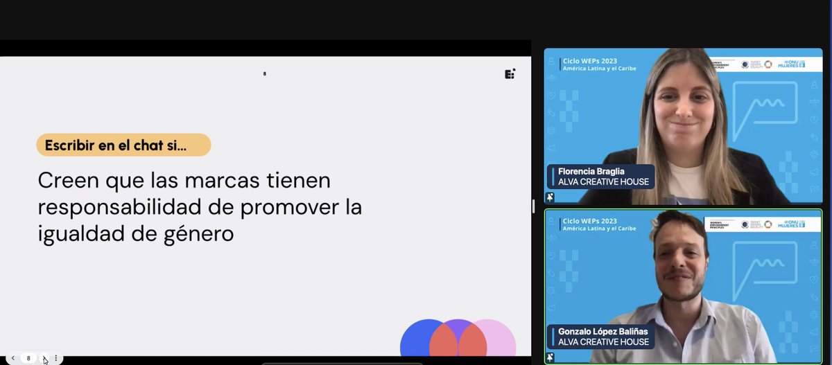 #AHORA Segunda sesión del #CicloWEPs 2023 🚀💥

<a href="/gonmlb/">Gon Lopez Baliñas 🐺</a> y <a href="/flobr/">Florence</a>  moderan sobre “Marketing y comunicación sin estereotipos: cómo construir igualdad desde el lenguaje” en el marco del Ciclo WEPs organizado por <a href="/ONUMujeres/">ONU Mujeres</a> 

link 👉🏼 bit.ly/WEPs2023S2