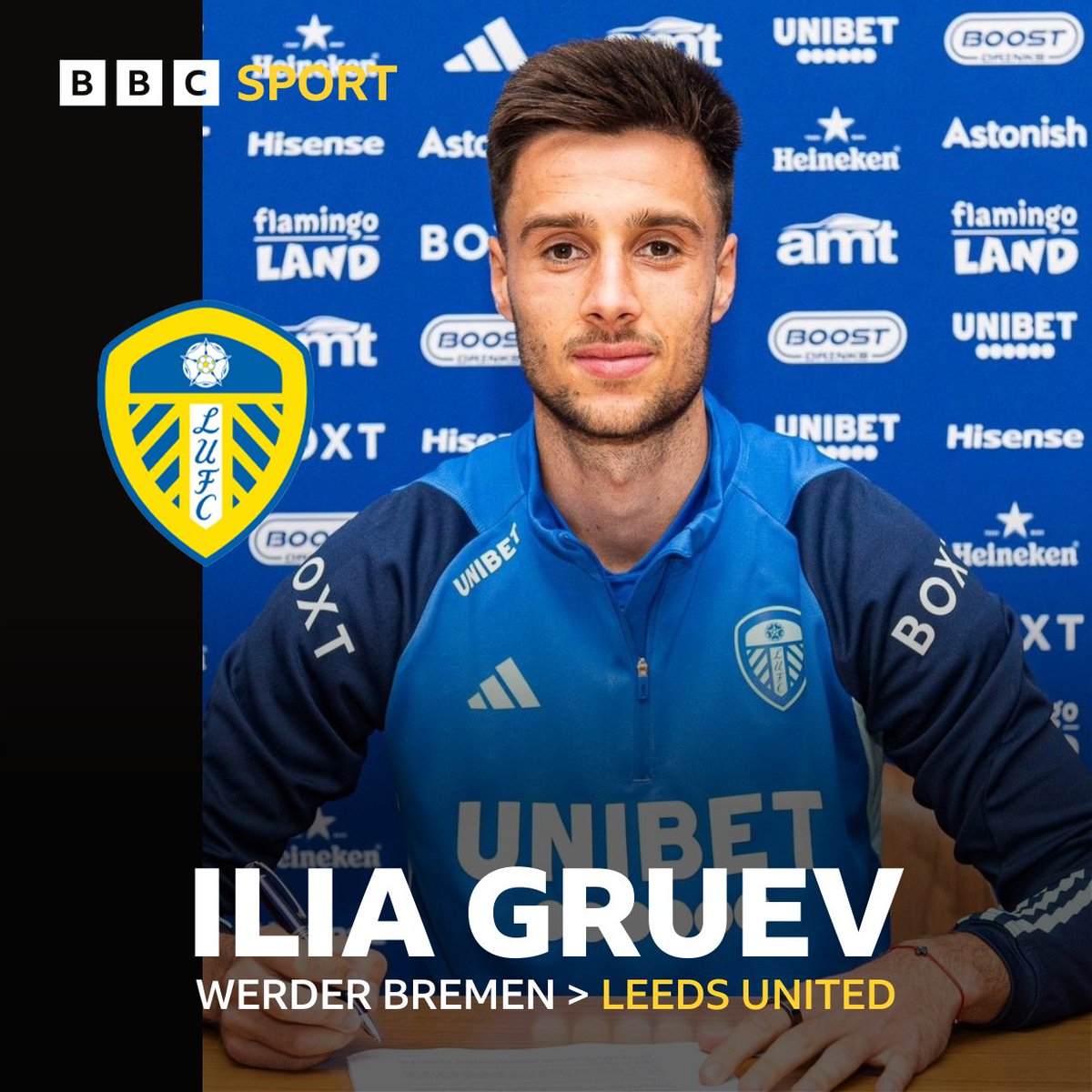 🖋️ GRUEV SIGNS FOR UNITED Leeds United confirm Bulgaria international Ilia Gruev, 23, puts pen to paper on a four-year-deal at Elland Road. The defensive midfielder joins for an undisclosed fee from Bundesliga side Werder Bremen. #LUFC #BBCFootball