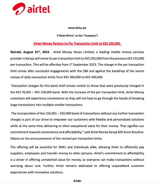 kenya_business's tweet photo. Airtel Kenya revises  transaction limit from current Ksh 150,000 to Ksh 250,000 effective September 1st, 2023. https://t.co/5LvZ1MacHm
