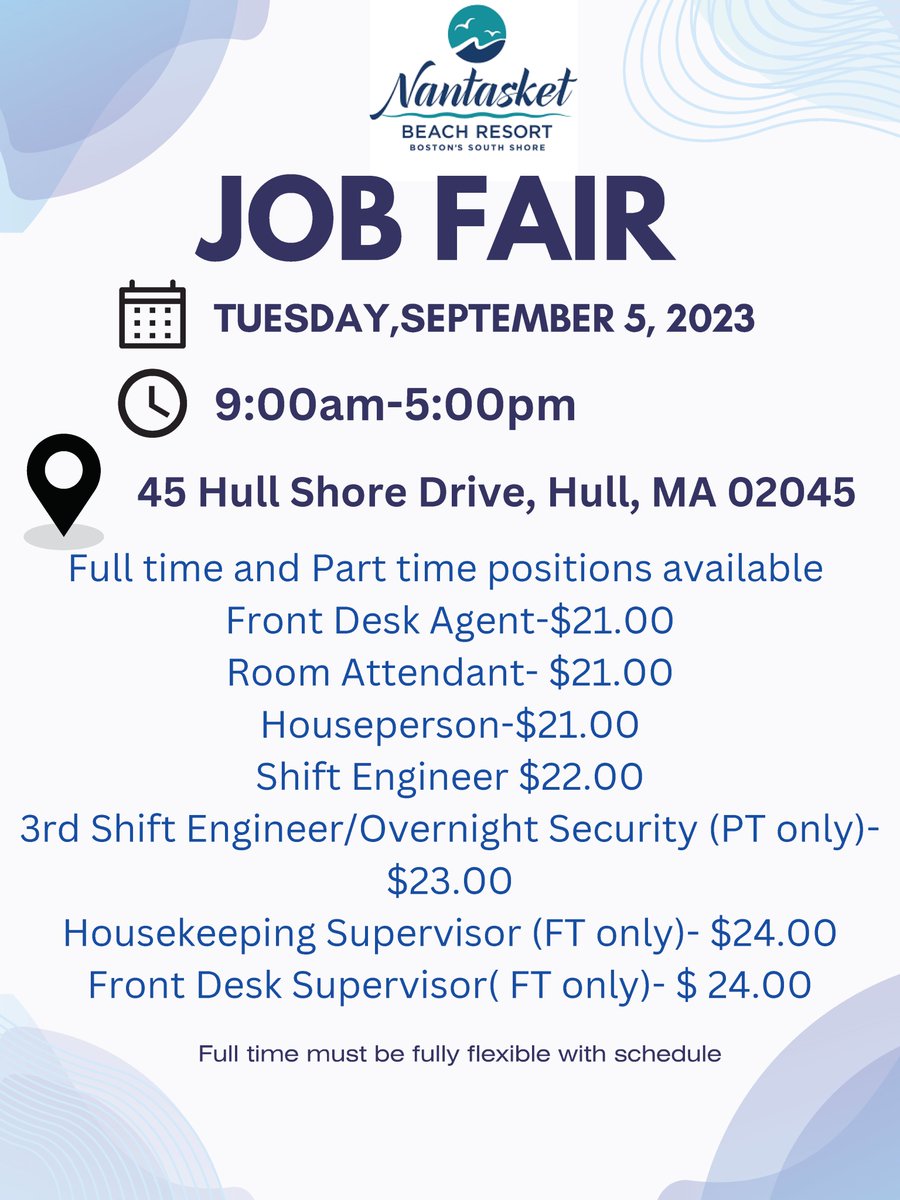 Nantasket Beach Resort JOB FAIR

Tuesday, September 5
9am-5pm

#nantasketbeach #nantasket #hull #hullma #jobfair #Massachusetts #bostonma #boston #jobs #hiring