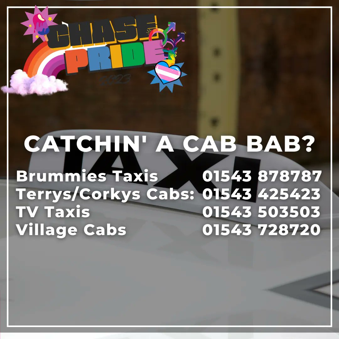 Planning on ditchin' the car and catching a cab to Chase Pride???  Here's a few local taxi firm numbers to get you started!

Postcode for site: WS12 1BT

#chasepride2023  #pridenotprejudice