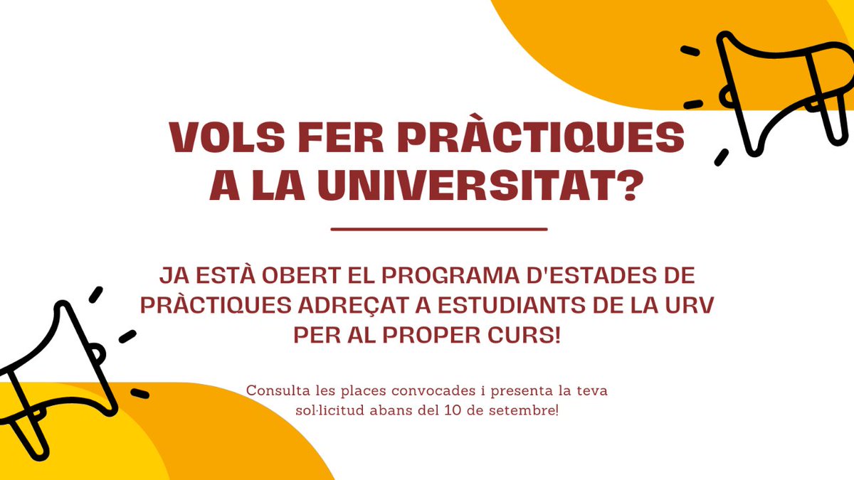 📣Atenció, #estudiantsURV! Això us interessa! Està oberta una nova convocatòria del programa de pràctiques en unitats de la #URV per al curs 2023-24. Consulta les places convocades i fes la teva sol·licitud abans del 10 de setembre!

#comunitatURV

👉urv.cat/ca/vida-campus…