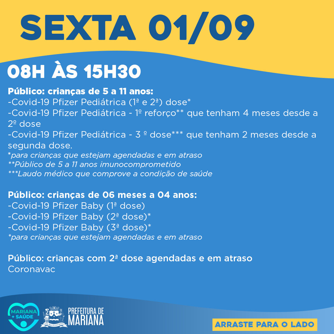 PrefMariana's tweet photo. 💉Confira a agenda de vacinação de amanhã! Disponibilizaremos doses contra a COVID-19 para públicos específicos. Veja agora mesmo!

▫️Os usuários devem comparecer ao local de vacinação portando documento com foto, cartão de vacina e cartão do SUS. https://t.co/v80yUFa5F0