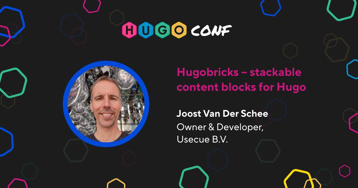 Learn from <a href="/jhvanderschee/">Joost van der Schee</a> about building <a href="/GoHugoIO/">GoHugo.io</a> websites using stackable content blocks, at HugoConf 2023! 🧱
Sign up here to attend this free Hugobricks Lighting Talk ⚡: hubs.la/Q0202wPZ0