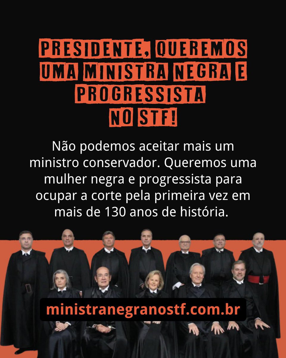 ErikakHilton's tweet photo. 👩🏾‍⚖️ POR UMA NEGRA NO STF

Vivemos em um país com mais da metade da população composta por mulheres e pessoas negras.

E é inexplicável que o STF, em seus 132 anos de existência, nunca tenha tido uma Ministra negra.

Chegou a hora de mudar essa história ✊🏾

Nas próximas semanas, o Presidente Lula nomeará aquela que ocupará o órgão guardião da Constituição Federal pelas próximas décadas, e não aceitaremos mais um ministro conservador.

Queremos a primeira ministra negra progressista da história no STF!

Envie seu e-mail diretamente para Lula e vamos fazer história. Pra isso, acesse o site e reivindique ao Presidente essa representação! https://t.co/1Wsxg6mKYf