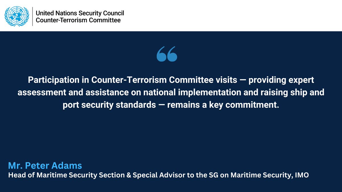 UN_CTED's tweet photo. In #CTC open briefing on #CTBorderSecurity, Mr. Peter Adams @IMOHQ, notes the importance of collaboration with regards to providing world leading training to aid Member States in strengthening their port security arrangements and #BorderControl https://t.co/DqG5miGXnO