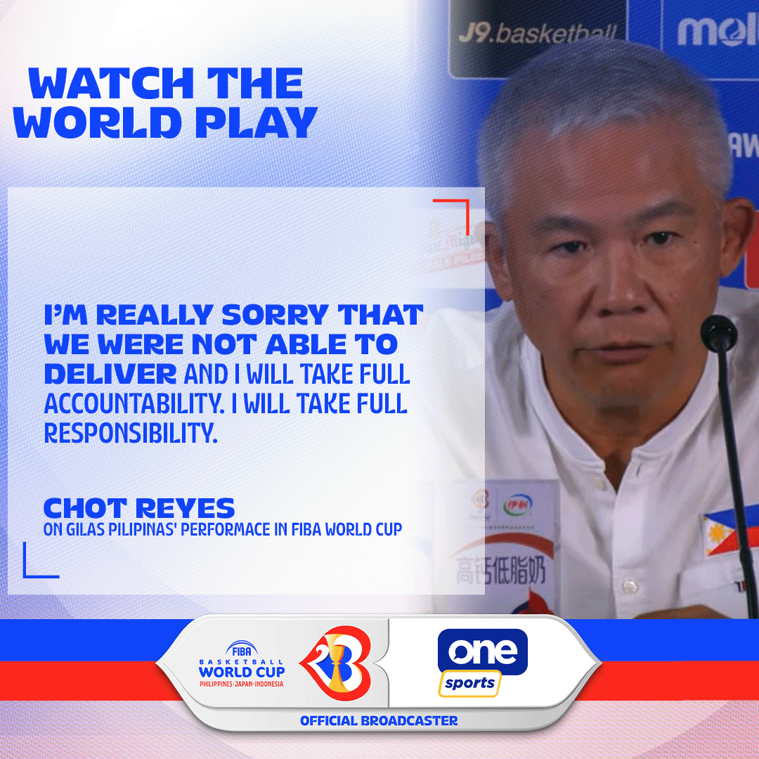 OneSportsPHL's tweet photo. ‘I WILL TAKE FULL RESPONSIBILITY'

Coach Chot Reyes speaks on Gilas Pilipinas' effort in the 2023 FIBA Basketball World Cup so far.

The national team will have one last shot on Saturday as they face China.

RELATED: https://t.co/IQcxomA84p

#FIBAWC x #WinForPilipinas https://t.co/3XTA9PrJjT