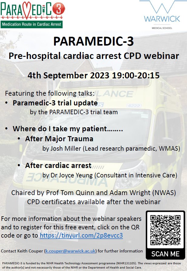 📣 Staff/students/volunteers all welcome to free PARAMEDIC-3 CPD webinar (from across UK - including @OFFICIALWMAS) 🗓️ Monday 04-Sept-2023, 19:00 'til 20:15 👉 Book your place at tinyurl.com/2p8evcc3