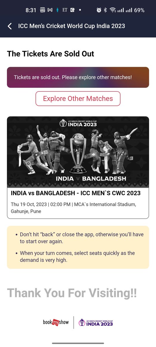 superanand's tweet photo. Waited in line for 30mins since the tickets went live at 8pm to end up on this screen. I wonder how people got their tickets 🥲
#bookmyshow 
#CWC2023 
#IndianCricket 
#BCCI https://t.co/fGxvcNuiji
