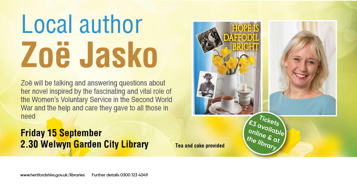The wonderful <a href="/zoe_jasko/">Zoe Jasko</a> returns to WGC Library to talk about her new novel, "Hope is Daffodil Bright".  Join us on Friday 15th of September at 2:30pm.  Tickets are £3, available at the library via this link: bit.ly/ZoeJaskoTalk More on the author: zoejasko.com