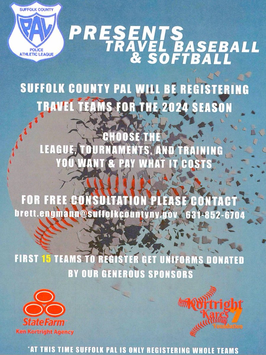 suffolkPALs's tweet image. PAL is now registering teams for Spring Baseball. 
Please reach out to PAL Officer Brett Engmann for more information. 
#springbaseball #WeArePAL #statefarm #kortrightkares