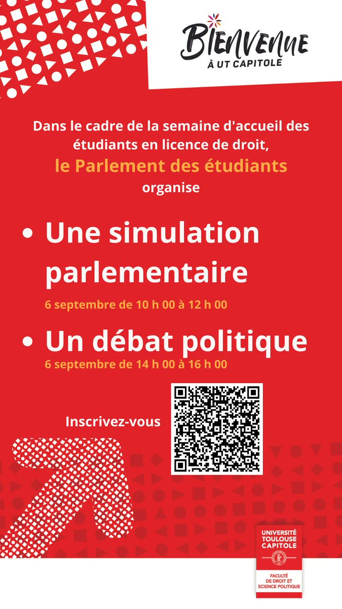 #SemaineAccueil #licence
📢  Dans le cadre de la semaine d'accueil organisée par la @Fac_droit_tlse pour ses étudiants de licence en droit, le <a href="/PeToulouse/">Parlement des Étudiants Toulouse</a> organise le 6 septembre : 
⚫ une simulation parlementaire
⚫ un débat politique

Inscrivez-vous  👉 urlz.fr/npox