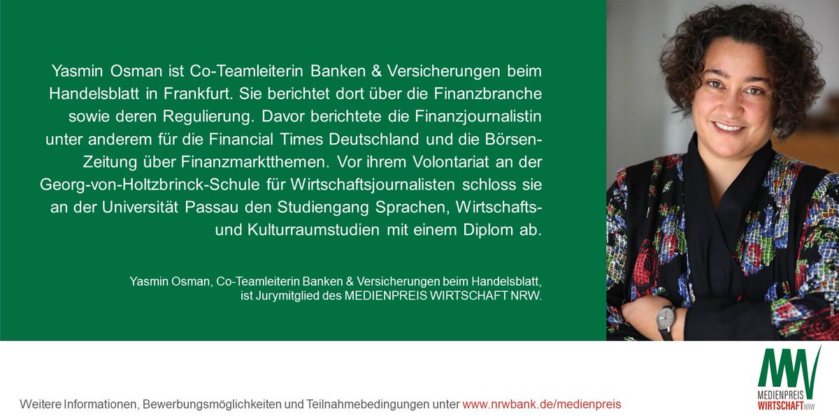 Medienpreis-Wirtschaft-NRW (@medienpreisnrw) on Twitter photo Seit letztem Jahr beim #MedienpreisWirtschaftNRW dabei: <a href="/_yo_osman/">Yasmin Osman</a> vom <a href="/handelsblatt/">Handelsblatt</a>. Sie wertet mit 10 weiteren Experten die Beiträge aus und sucht nach den besten journalistischen Arbeiten, die sich mit dem Wirtschaftsleben in #NRW befassen. 👉 nrwbank.de/medienpreis Seit letztem Jahr beim #MedienpreisWirtschaftNRW dabei: <a href="/_yo_osman/">Yasmin Osman</a> vom <a href="/handelsblatt/">Handelsblatt</a>. Sie wertet mit 10 weiteren Experten die Beiträge aus und sucht nach den besten journalistischen Arbeiten, die sich mit dem Wirtschaftsleben in #NRW befassen. 👉 nrwbank.de/medienpreis