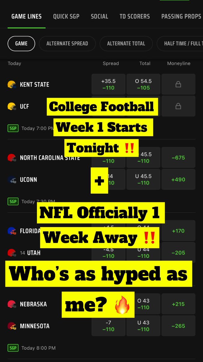 QuentonWhite14's tweet photo. College Football Week 1 Starts Tonight‼️

NFL Officially One Week Away ‼️

Who’s getting ready for football? 

I’m so excited to be back putting money back in YOUR pocket and mine. 

Who’s w me?! 

#GamblingTwitter https://t.co/RMxXWuU7wD
