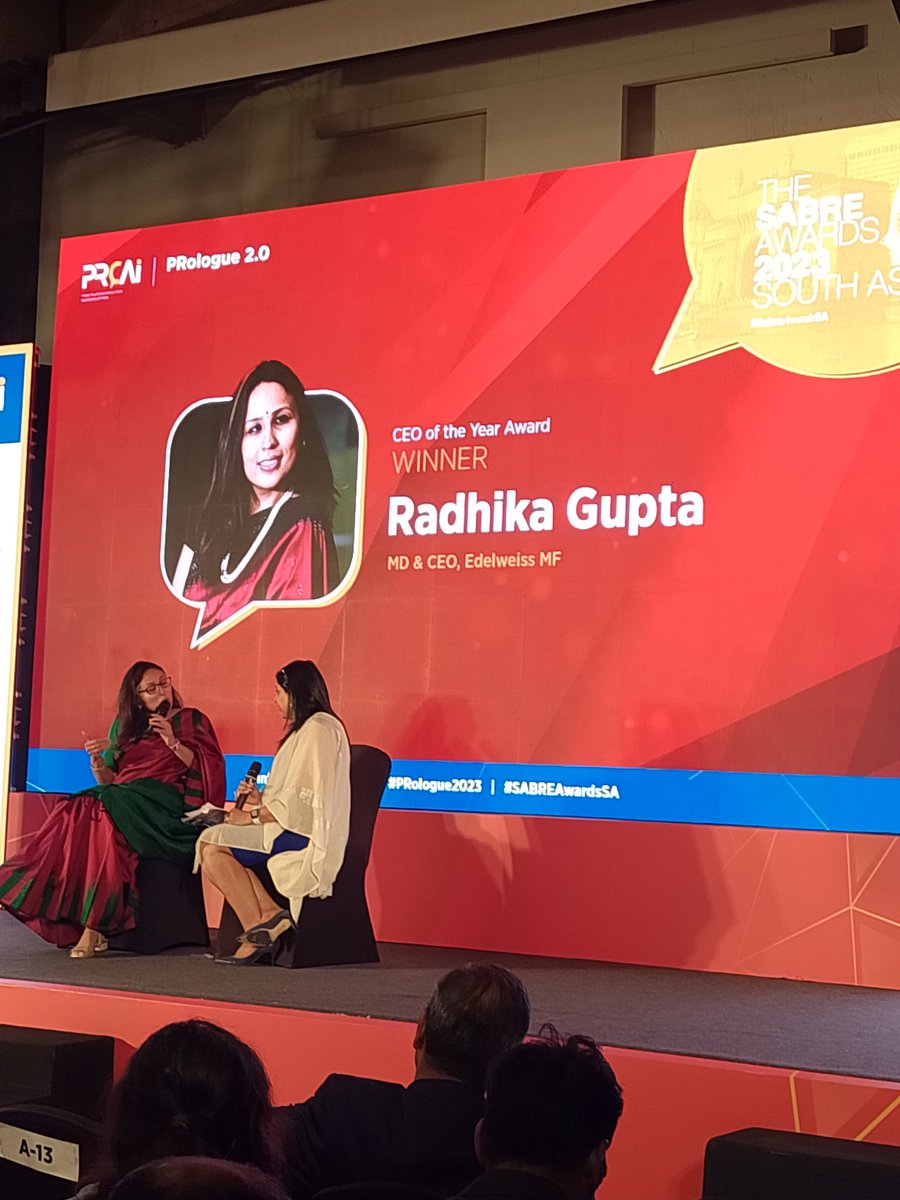 tiwaridrishti_'s tweet photo. MD and CEO of Edelweiss MF @iRadhikaGupta talks about how she truly believes in the power of communication and how important it is for women to ask question.
#PRSchool
#PRologue2023
#InfluencingPRogress
#SABREAwards https://t.co/kwwXyCZQDN
