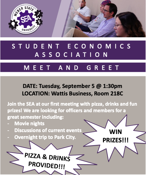 Hey #ECON2020 and #ECON3200!

The <a href="/WeberState_SEA/">WSU Student Economic Association</a> is holding its first event of the semester! <a href="/WeberStateEcon/">Weber State Economics Department</a> 

🗓️Tues, Sept 5
🕜 1:30pm
📍Wattis 218C

Look for posters like 👇🏻 around campus and tear off a raffle ticket for yourself.