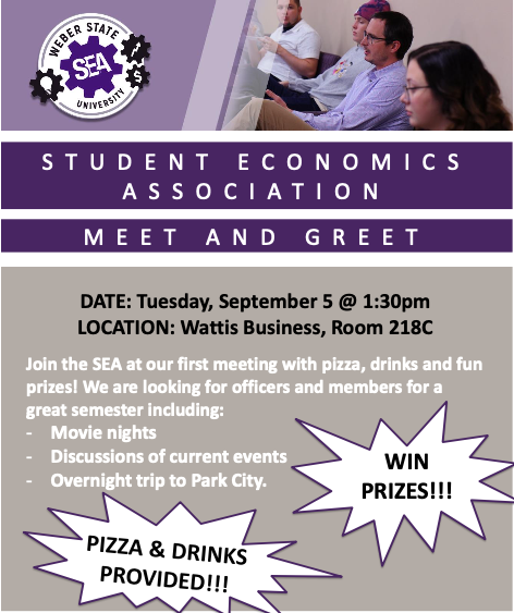 Hey #ECON2020 and #ECON3200!

The @WeberState_SEA is holding its first event of the semester! @WeberStateEcon 

🗓️Tues, Sept 5
🕜 1:30pm
📍Wattis 218C

Look for posters like 👇🏻 around campus and tear off a raffle ticket for yourself.