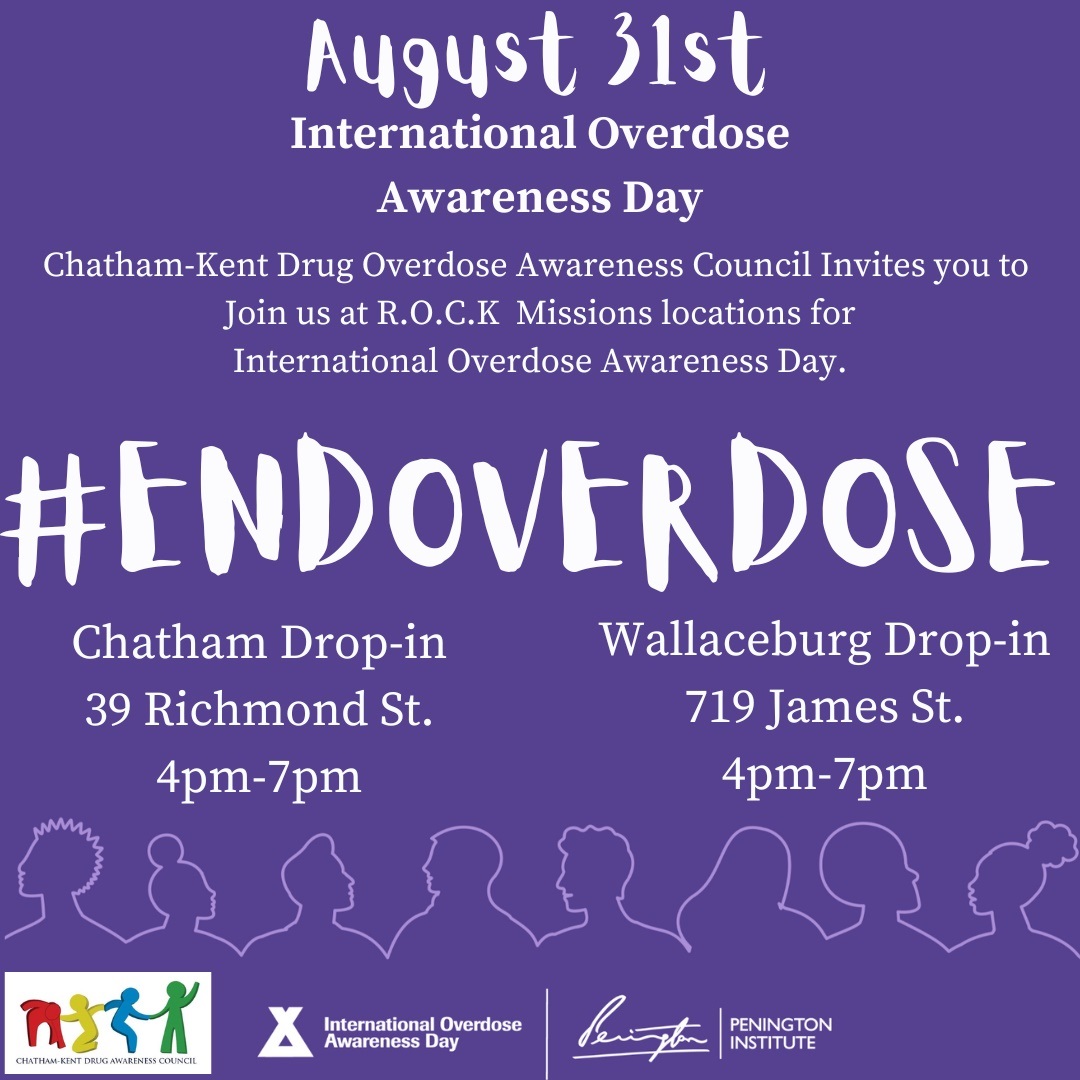 Today is International Overdose Awareness Day. 

Join the Chatham-Kent Drug Awareness Council in honouring this day at one of their events tonight.
#ckont #InternationalOverdoseAwarenessDay