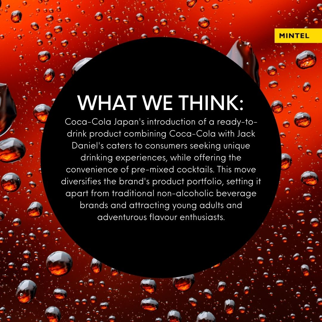 mintelnews's tweet photo. Trend alert! Our #MintelTrends team breaks down how Coca-Cola Japan is taking advantage of brand recognition, collaborating with Brown-Forman Brands for a new ready-to-drink product 👀 Learn more about our trends team ➡ https://t.co/xcxv5Qe6hE https://t.co/jYReH7tpAt