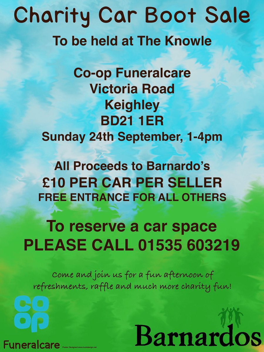 LucyE_Brown's tweet photo. Car Boot sale at The Knowle, Keighley 24th Sep - all funds raised for a great cause.  Reserve your spot now @barnardos @KeighleyNews https://t.co/ZBjg1R0MoH