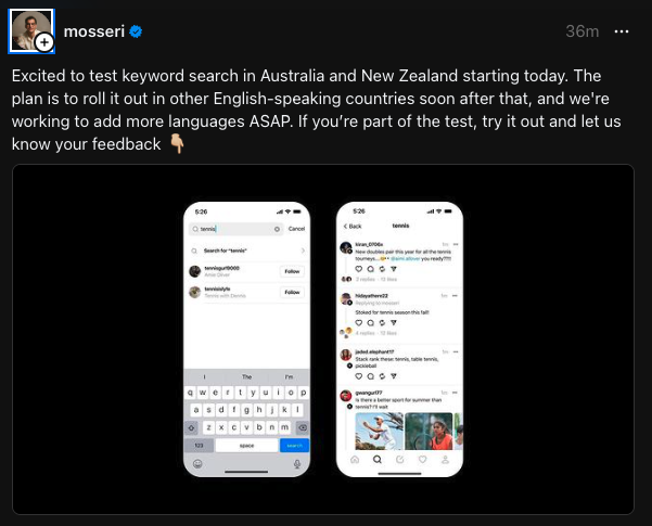 ReadCarlos's tweet image. Twitter rival, #ThreadsApp, is testing keyword search in Australia in New Zealand [now searching #koalas]. The head of IG says it&apos;s rolling out in &quot;English-speaking&quot; countries soon after that.
