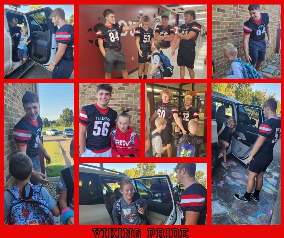 SouthTerraceElm's tweet photo. Our Panthers were welcomed to school this morning by some of our Viking football players! Thank you for taking time out of your day to build connections with our Panthers and start their day with a smile! 
We can’t wait to cheer on these boys throughout their football season! https://t.co/dbJKDPjVpy