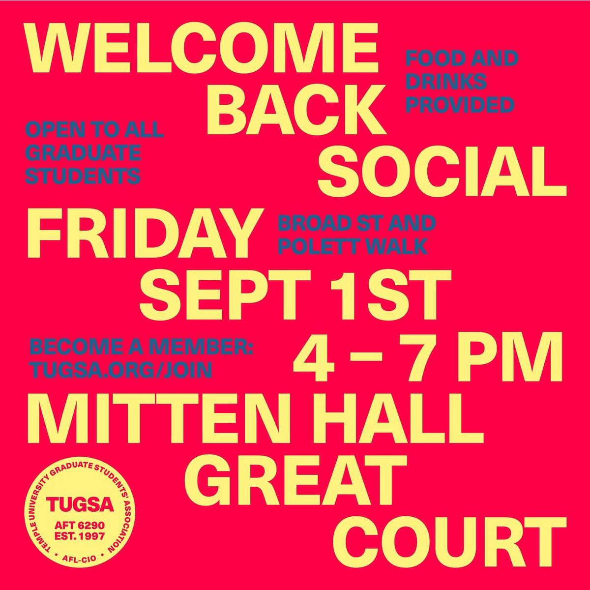 Our TUGSA welcome back social is TOMORROW‼️ TU graduate students, join us at Mitten Hall Great Court from 4-7pm and enjoy food & drinks 😎✊