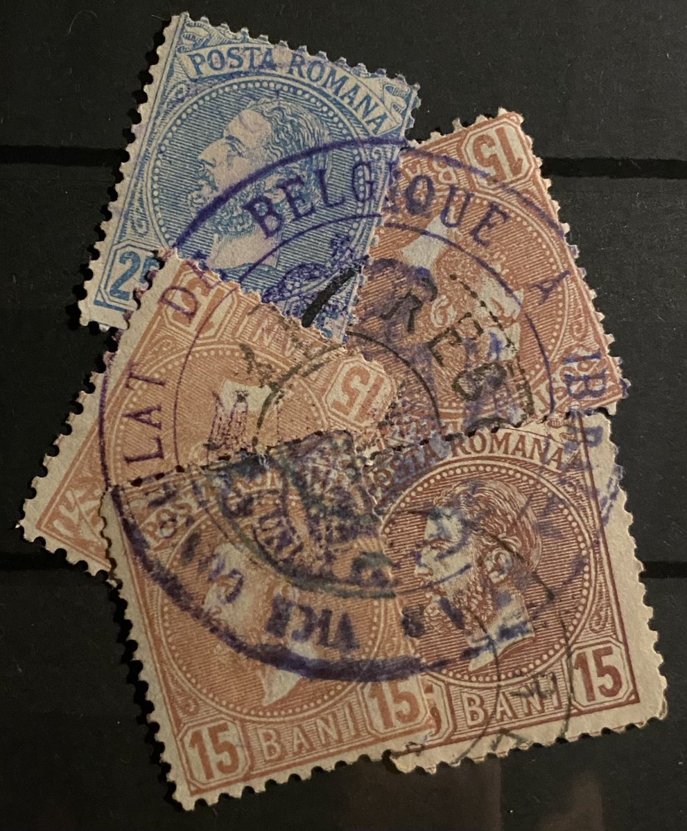 philatelyreview's tweet image. #Romania #Brăila, early/mid 1880s: just pieced together this ‘VICE CONSULAT DE BELGIQUE A IBRAILA’  handstamp from pieces on five ‘Perle’ stamps. It looks to me as if it was used as a security device on outgoing mail.