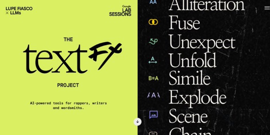 Jakewk's tweet image. Google’s new #textFx service is one of the most innovative LLM offerings i’ve seen to date. It will help anyone who is into creative writing extend their capabilities. Check out the video with rapper Lupe Fiasco. Very cool stuff.
textfx.withgoogle.com