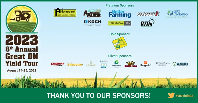 FarmsMarketing's tweet photo. 2023 8th Annual Great Ontario Yield Tour #ONYield23 final results - Record #corn yield @ 203 bpa & #soybeans 53.5! Best corn crop that #Ontario farmers have ever produced! Variability & white mold in soybeans could be an anchor on yield but a great finish could offset
@OntAg https://t.co/peAS7YQ47h