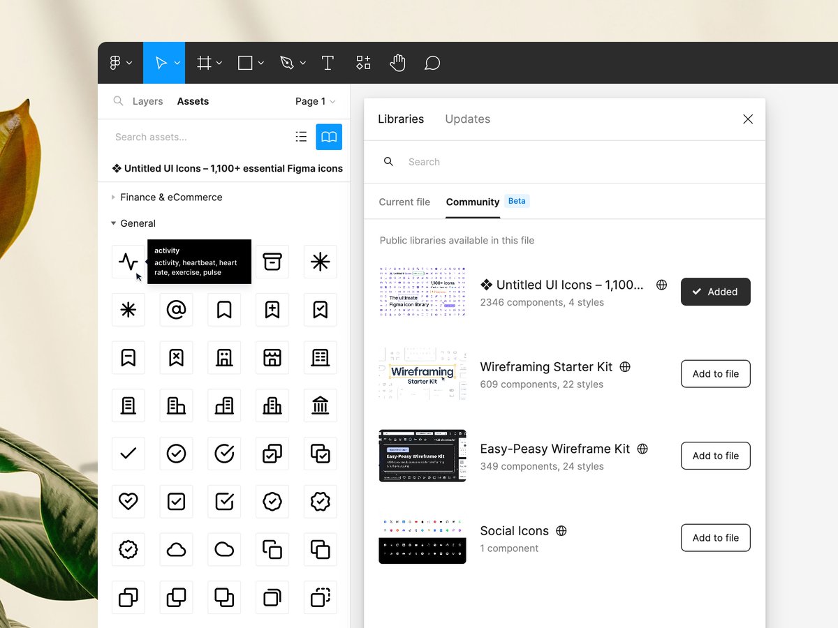 Really cool seeing <a href="/figma/">Figma</a> Community Libraries beta rolling out!

1. Hit option⌥ + 3 to open libraries
2. Add a bunch of incredible community libraries
3. They'll appear in your assets panel like magic 🪄