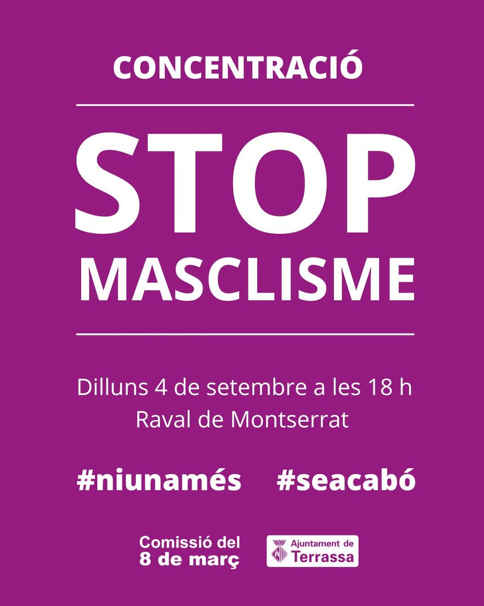 Concentració de rebuig contra les violències masclistes per dir Prou feminicidis, prou violència en l’àmbit esportiu, i solidaritzar-nos amb les víctimes.
Es farà lectura del Manifest i un minut de silenci.
#Terrassa @LluisaMA @ajtrsgenere 
#Niunamés
#SeAcabo