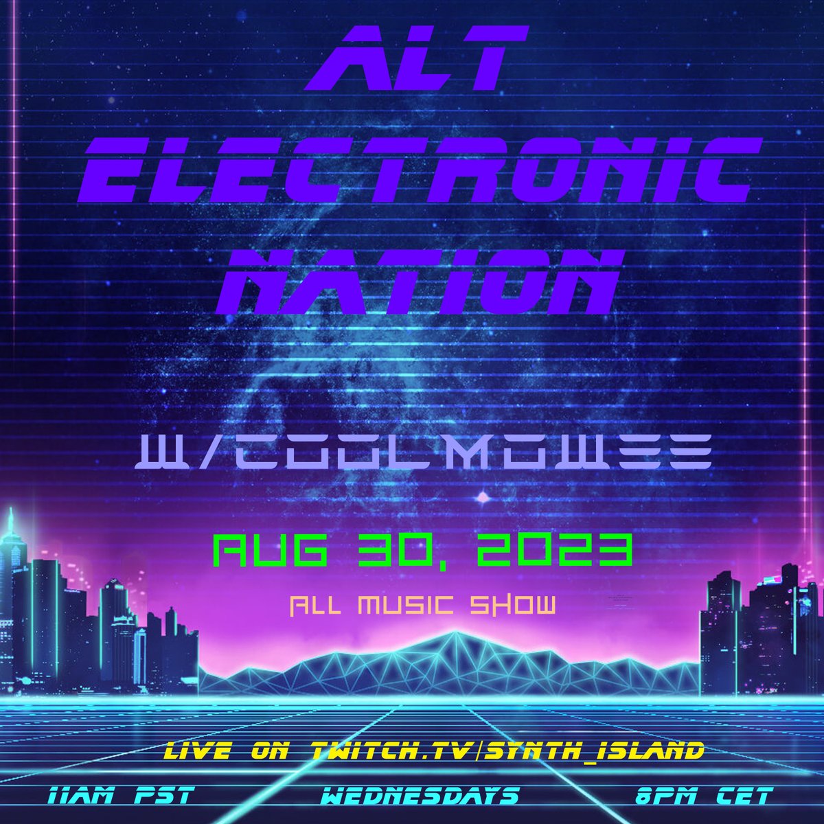 👾👾🥳ALT ELECTRONIC NATION!! SEPTEMBER AWAITS! - THIS IS THE NEW SHOW #54 (AUGUST 24):

🍬🍫🍨🍰🍓🍩🥧🍭 ARTISTS PLAYED INCL. THE FOLLOWING AND WILL BE ON MIXCLOUD AND SOUNDCLOUD ON THE WEEKEND. &amp; TWITCH &amp;YOUR FAV. DIGITAL RADIO STATION. 

WELCOME TO THE ALT ELECTRONIC NATION!
