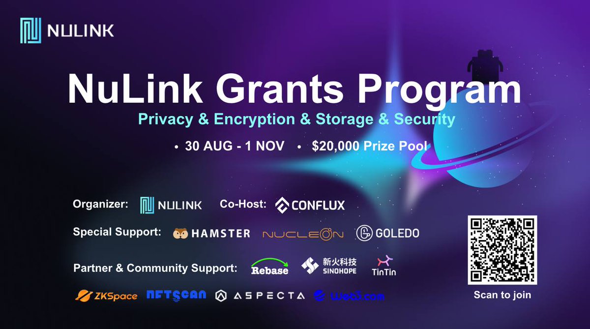 📣 Our NuLink Grants Program is now live on <a href="/DoraHacks/">DoraHacks</a>! 

🔐 Inviting all #Cryptography and #Web3 developers to showcase your skills in #DataPrivacy and #encryption. 

💰 Win up to $20,000 in grants!
🗓️ Apply by Nov 1, 2023
🔗 dorahacks.io/hackathon/nuli…

#NuLink #Grants #Hackathon