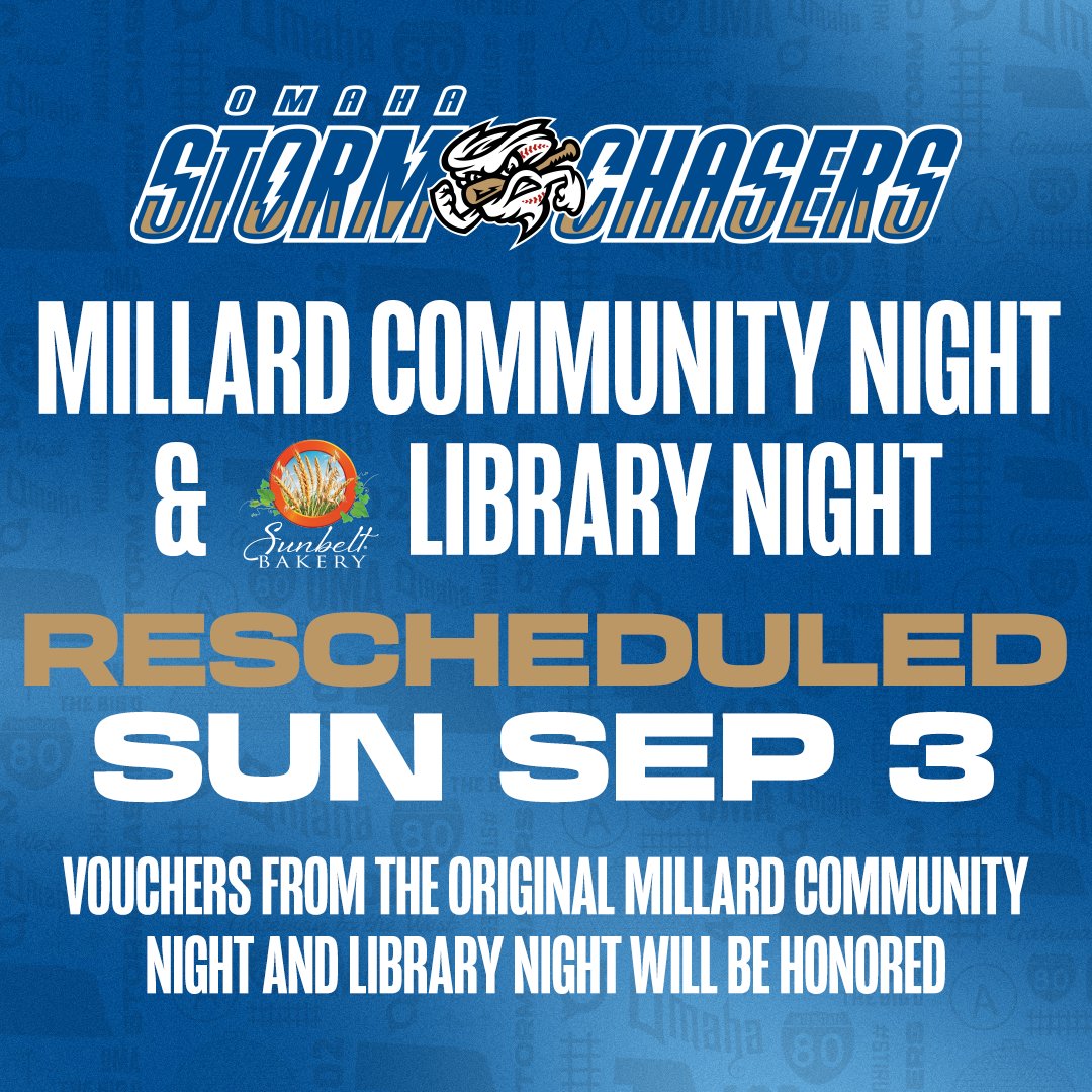 Millard Community Night and @SunbeltBakery Library Night have been rescheduled to this Sunday, September 3rd. 

All the vouchers from the original Millard Community Night and Library Night will be honored.