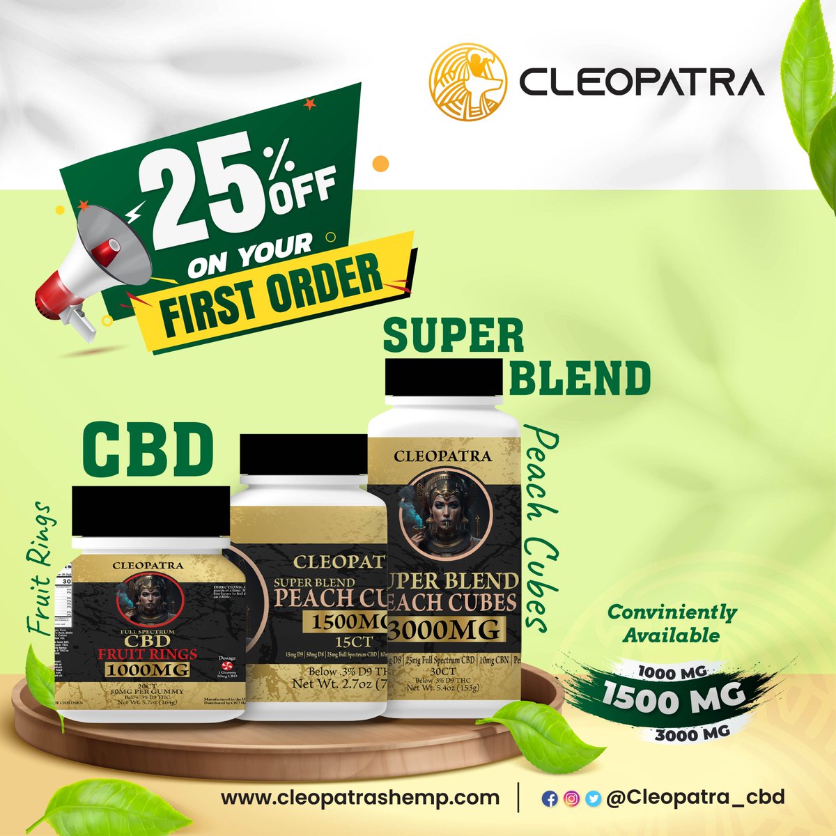 'Experience the goodness of Cleopatra CBD Super Blend Peach Cubes at an exclusive 25% discount on your first purchase! 🍑🌱 #cbdgummies 
#CBDPeachCubes #PeachCBDBlend #CBDWellness #CBD25Off #PeachyCBD #CBDGummies #CBDRelaxation #CBDDiscount
#SuperBlendCubes #CBDHealth