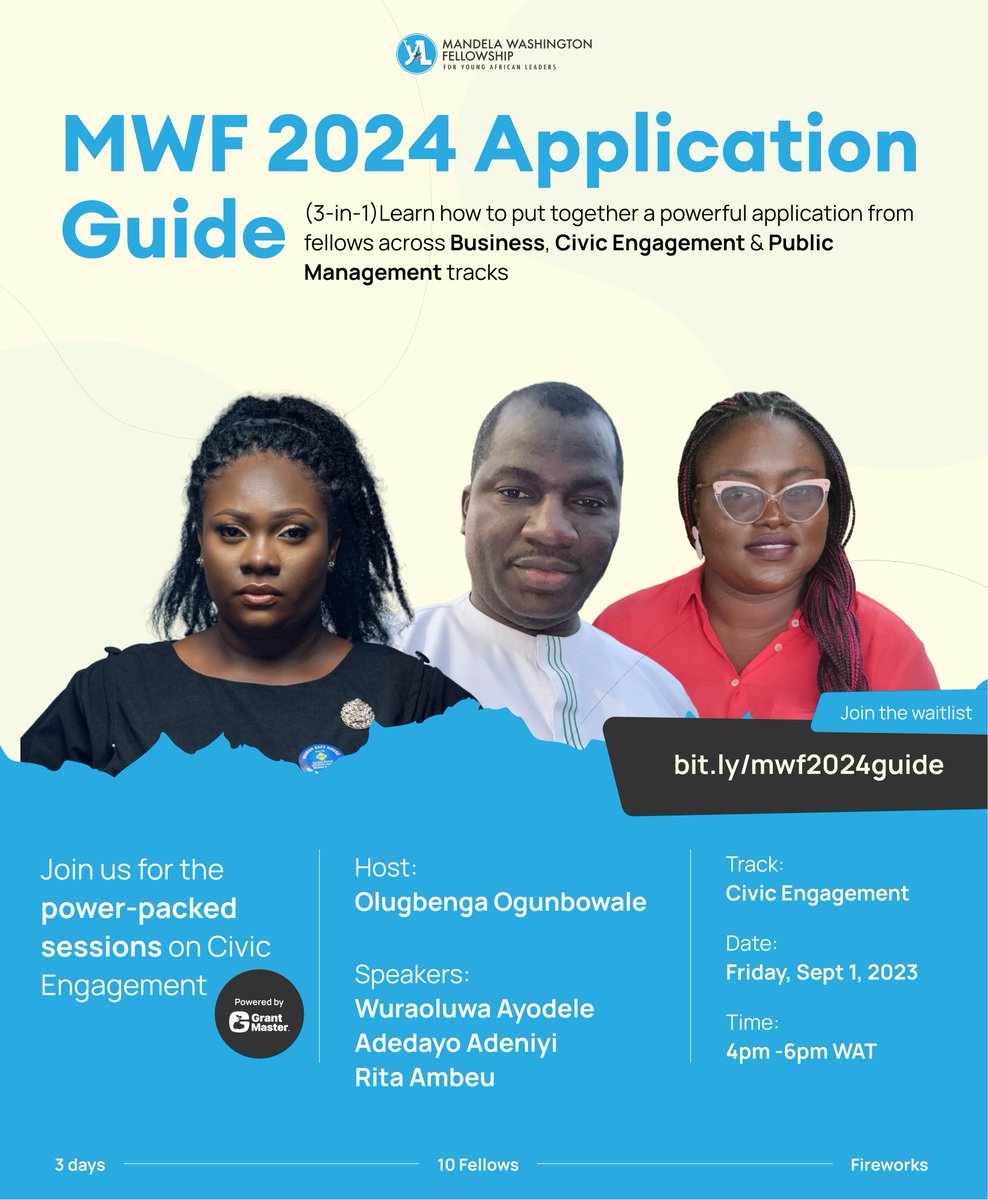 gbengaogun's tweet photo. At my 4th attempt, I was selected as 1 of 55 outstanding young leaders out of 11,000 applicants from Nigeria alone and as part of 700 Africans out of 55,000 applicants!
What changed this time? 3 things:
1. Overwhelming evidence of social impact through our quest to reduce unemployment by empowering thousands of youths with digital skills at Epower
2. My volunteering experience as the founder of The Orphan empowerment society, working hard to reduce orphan poverty across Africa
3. Learning from fellows about how they applied and got in
_
While I cannot help you with 1 & 2, I have teamed up with 9 fellows to help you with 3. Starting tomorrow by 4pm WAT, you'll learn from:
_
ONE
Wuraoluwa Ayodele, Nigeria
- Lawyer and Women Rights Activist, with a focus on Gender Based Violence.
- Founder/Executive Director of Women Safe House Sustenance Initiative in Nigeria.
- Cherie Blair Foundation Fellow, Fellow of the Ireland Fellows Program, Margaret Ekpo Feminist Fellow.
_
TWO
Adedayo Adeniyi, Nigeria
- Executive roles across USA & Nigeria: Matadors Leadership Institute, Leadership Across Borders, and NexusPath Consulting.
- Decade in governance & youth advocacy, collaborating with top brands; expertise in leadership coaching, civic engagement, and SDGs.
- Authored five books, including Nigeria's first indigenous language leadership book, "Atunko Idari."
_
THREE
Rita Ambeu, Ivory Coast
- Ivorian filmmaker with a portfolio including "Destin Troublé", "Alina", and "Intention suicidaire". Represented Ivory Coast in various international events, with films showcased at FESPACO, SVAFF, and Cannes Film Festival.
- 2022 USADF-fund winner, AWE entrepreneurship winner and 2023 Mandela Washington Fellowship recipient at Michigan State University.
- Entrepreneurial spirit: MD of ON MOVE COMPANIES, founder of Women Film Academy, and president of YERDA, championing female filmmakers and empowering women and youth in the creative industry.