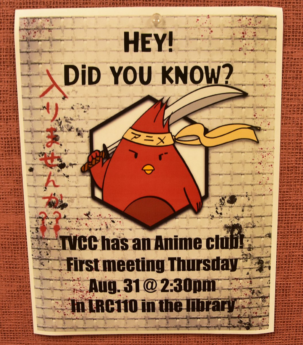 TrinityValleyCC's tweet photo. Are you a fan of Anime and want to hang out with fellow Anime lovers?
Stop by room 110 in the Learning Resource Center on the Athens campus at 2:30 p.m. for this semester's first Anime Club meeting.
#wearetvcc #tvcc #cardinaltakeover #cardinalcountry https://t.co/bsdUz0yUCp