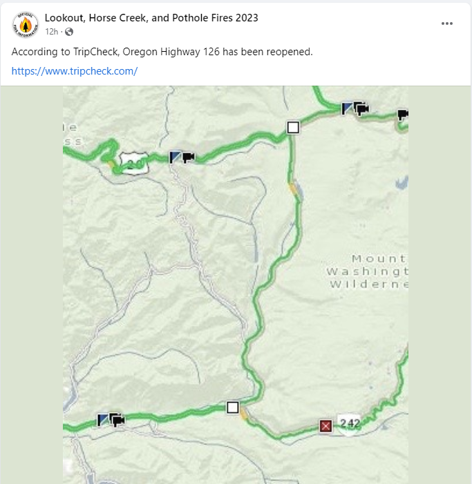 🟢Hwy 126 reopened after yesterday's closure due to fire activity on the Lookout Fire. If you're headed over the Cascades, these are great resources: 🚘Roads Status: @OregonDOT's TripCheck.com 🔥Information on Large Fires: inciweb.wildfire.gov