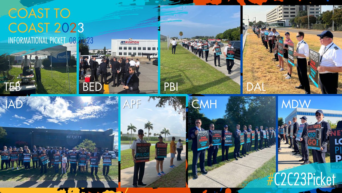 NJASAP's tweet photo. The largest multi-city picket in NJASAP history, the #C2C23Picket is underway: NJASAP pilots, their family members and friends will gather in 10 cities across the United States to urge #OnlyNetJets to invest in its pilot workforce. // https://t.co/7INCopiAwO https://t.co/Y2foU1tgP5