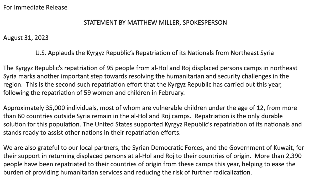 jseldin's tweet photo. NEW: US applauds #Kyrgyz Republic for repatriating 95 people from the #alHol & #alRoj displaced persons camps in #Syria
Earlier this month, US military officials said alHol alone was hosting +48,000 displaced persons, 1/3 of which are #ISIS familiers https://t.co/5IKrcPk5MV