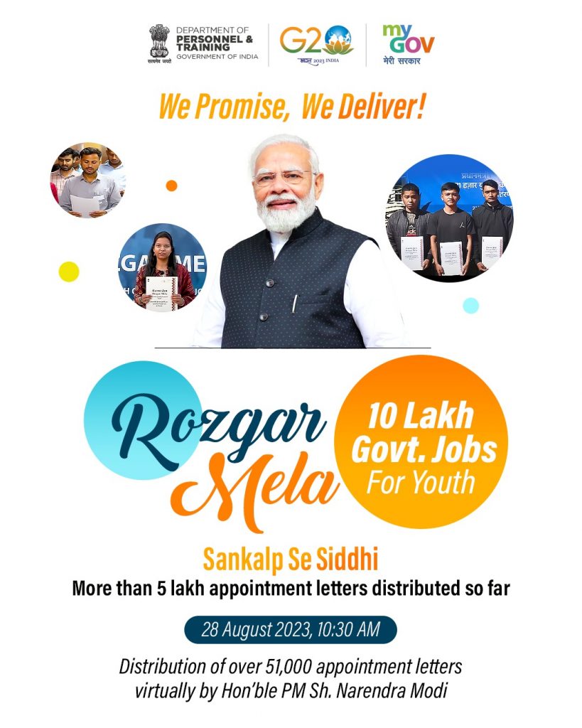 Embracing the strength of employment! PM <a href="/narendramodi/">Narendra Modi</a> takes a momentous step towards delivering on the pledge of 10 lakh government jobs.   #RozgarMela #RozgarMela2023 #yuvashakti
#MyGovActivities #MyGov <a href="/DoPTGoI/">DoPT</a>