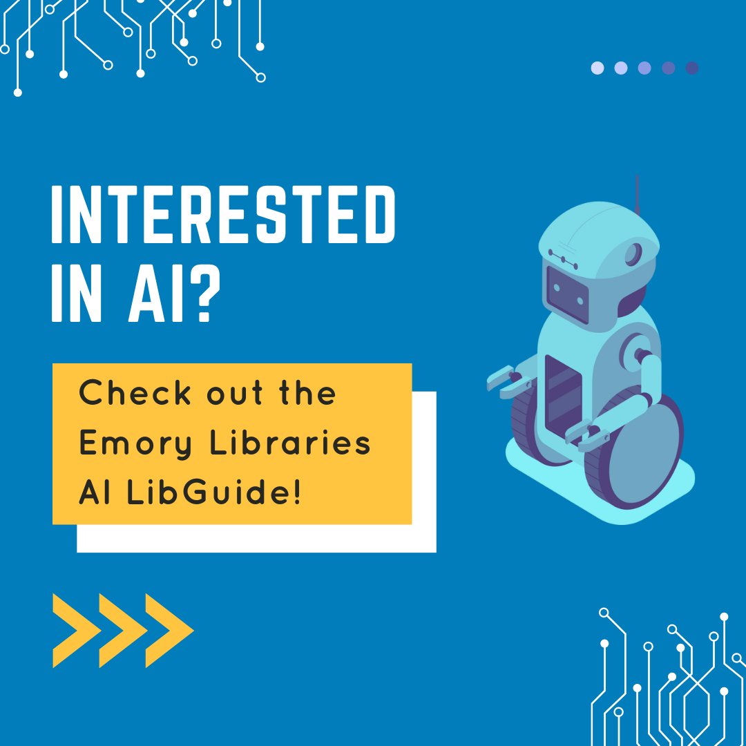 OxLibrary's tweet image. Curious about AI? Explore this Emory Libraries guide to artificial intelligence. The guide will introduce you to AI resources and AI Research, including ongoing work at Emory University. Check it out at the following link: guides.libraries.emory.edu/c.php?g=130635…