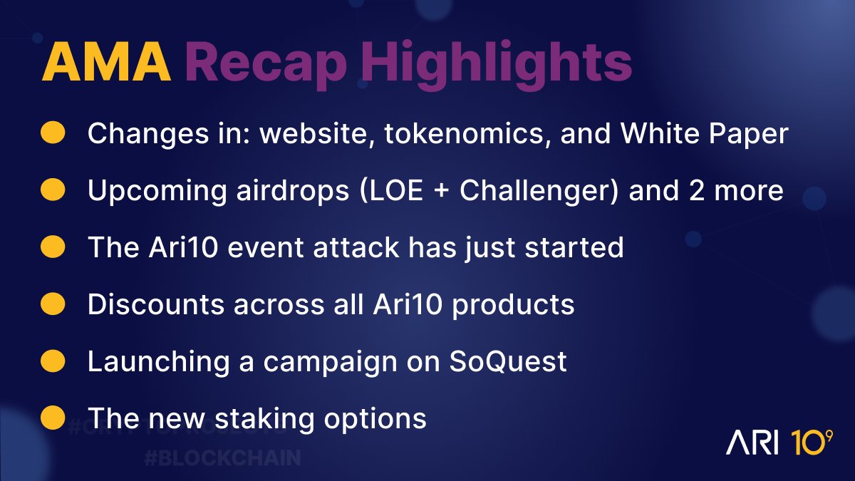 ari10com's tweet photo. Time for a recap of yesterday's AMA! 📰

First of all, these changes were necessary to strengthen the company's direction, especially regarding the ARI10 token. Let's explore them all. 👇

💥 The "Rise of the Bulls" campaign begins now and continues through autumn and winter.

The aim is to increase the number of holders and recognition. Also, it boosts trading volumes and demand while reducing the circulating token supply.

The key to attracting new members is the launch of the campaign on @Port3Network. At the AMA, we revealed a secret word, enabling participants to earn extra points. (This will be one of several campaigns starting soon.)

✨ New Tokens benefits:

-> The new staking options will be introduced with significantly lower interest rates and without locking rewards. These will be divided into B2C, B2B, and B2institutional categories. 

Explained: Changes such as reducing inflation and initiating a disinflation period were necessary.

-> Introducing discounts across all our products, including the Exchange, Gateway, and even Cashback at terminals. (+ Discounts on things outside Ari10's portfolio)

-> Governance voting for all hodlers, even for LP providers. This is to ensure enhanced decentralization and equal opportunities for those contributing to token development.

-> Upcoming airdrops (LOE + Challenger) and 2 more not revealed yet.

-> The upcoming burn event which will demonstrate our direction.

🙌 That's not all! Increased visibility is key so we announce "The Ari10 event attack", which has just started at ETH Warsaw, and then we'll attend Cryptosphere 2.0 on Saturday as well as All-in Casper on Sunday.

Also, there's ZebuLive in London, CryptoGib in Gibraltar, Websummit in Lisbon, and others, including a major event organized by us!

*️⃣ In addition to all this, there will be changes on the website, in tokenomics, and in the White Paper in the coming months. This is as you might have read in the old roadmap, which will also be refreshed soon.

Many thanks to our partners including @chll_gg as well as to all the Ari10 community for joining us yesterday.

Stay tuned, as it's just the beginning! 👀