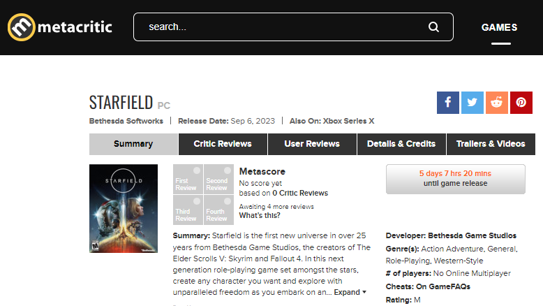 The Starfield Metacritic scores are in, and it's looking very good