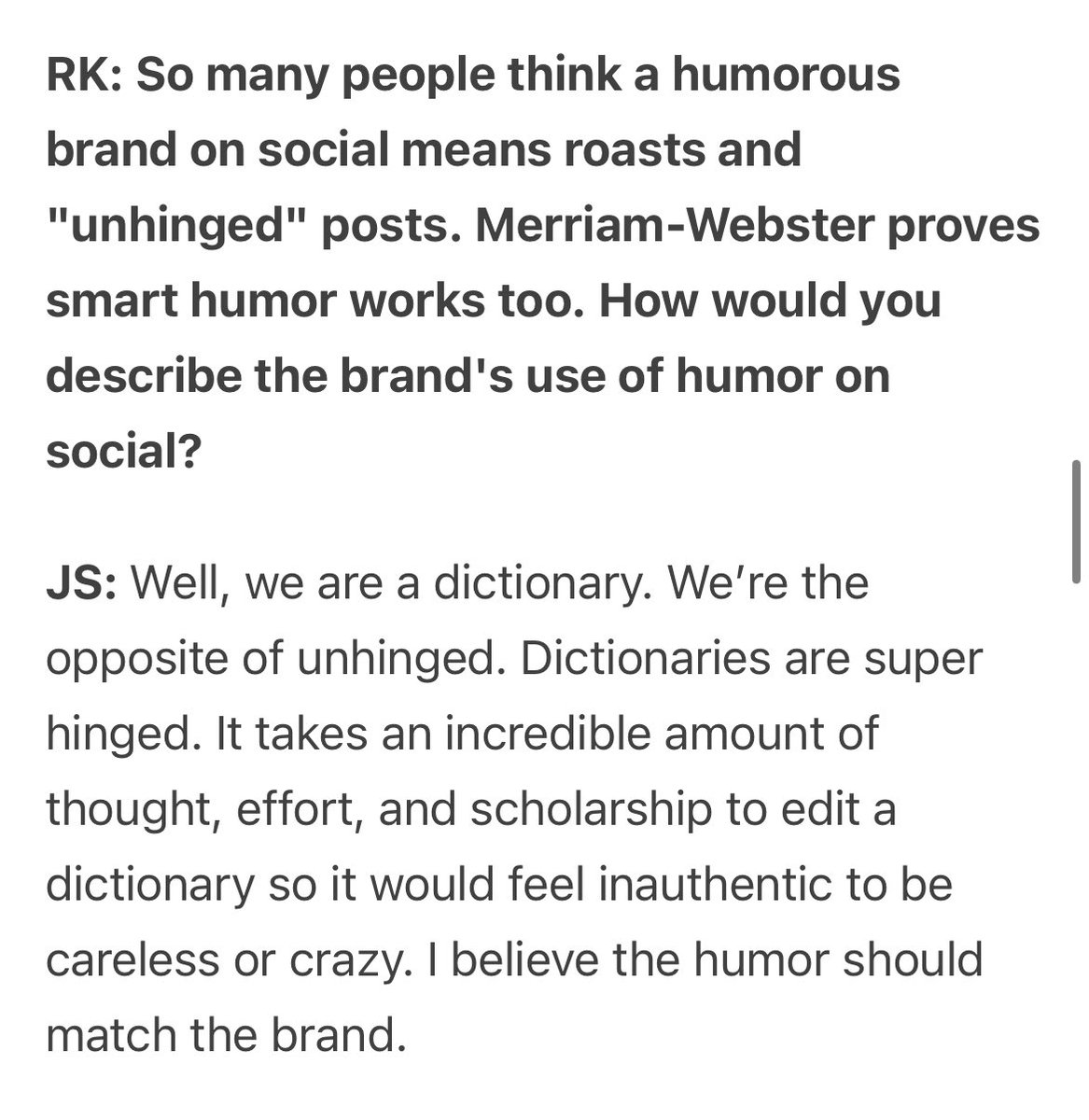 Rachel Karten (@milkkarten) on Twitter photo Spoke with <a href="/jsabine214/">John Sabine</a>, Social Director at <a href="/MerriamWebster/">Merriam-Webster</a>, for today’s newsletter. Obviously had to ask about their use of humor. I love this response. Spoke with <a href="/jsabine214/">John Sabine</a>, Social Director at <a href="/MerriamWebster/">Merriam-Webster</a>, for today’s newsletter. Obviously had to ask about their use of humor. I love this response.