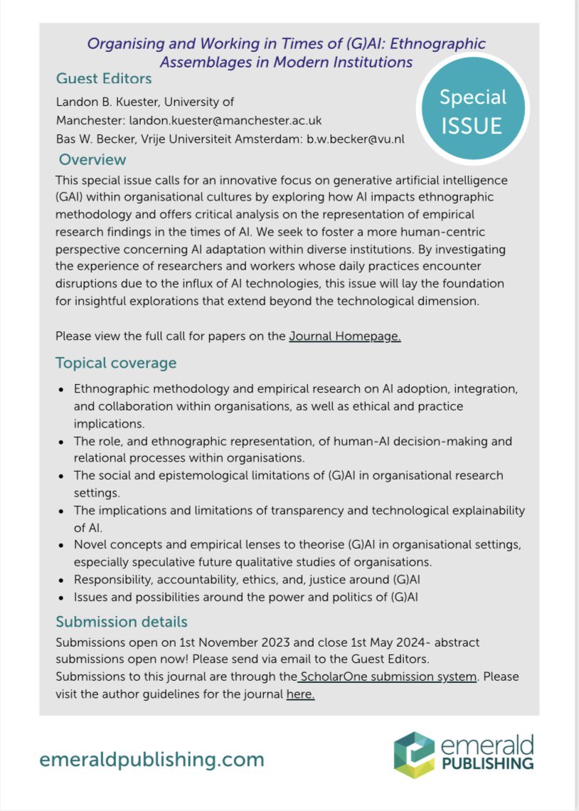 📢 Call for abstracts is now open! Myself and Bas W. Becker (<a href="/FSW_VU/">Faculteit der Sociale Wetenschappen</a>) are editing a special issue for <a href="/JnlofOrgEthnog/">JOE</a> <a href="/EmeraldGlobal/">Emerald Publishing</a>. 

Organising and Working in Times of (G)AI: Ethnographic Assemblages in Modern Institutions emeraldgrouppublishing.com/calls-for-pape…